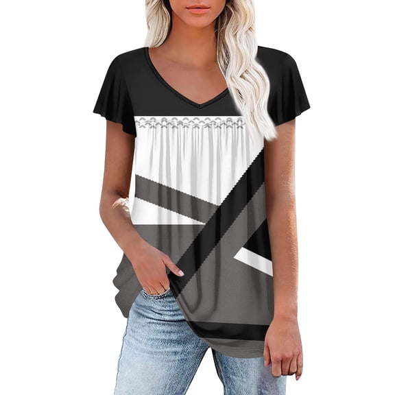 Women Tunic Tops Dressy Striped color block Short Sleeve V Neck T-Shirts Fashion Pleated Summer Shirts Casual V Neck Bohemian Blouses