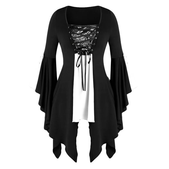Women Tunic Tops Halloween Costumes Gothic Criss Cross Sequined Insert Butterfly Sleeve Irregular Hem T-Shirt Blouse