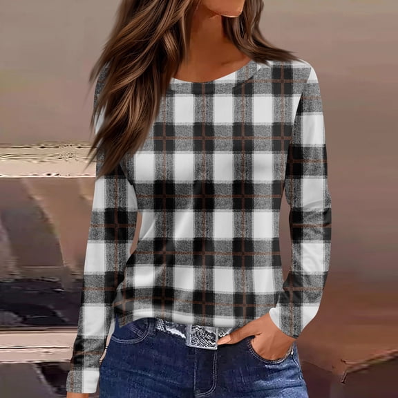 Women Tunic Tops Long Sleeve Plaid Shirts Loose Fit Crewneck Color Block Blouse Chic Fall T Shirts Casual Blouse 2026 Gray 2XL