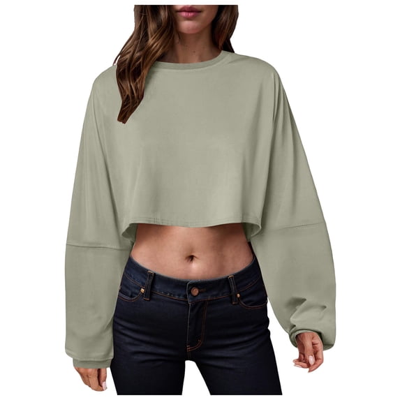Women Tunic Tops for Leggings Fall Loose Fit Crewneck Long Sleeve Dolman Drop Shoulder Cropped Plain Crop Cotton T Shirt Shirts(Light Green,L)