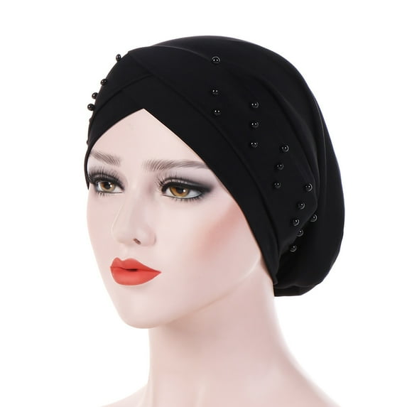 Women Turban Cap Beaded Headscarf Beanie Wrap Hat Faux Pearl Headwrap