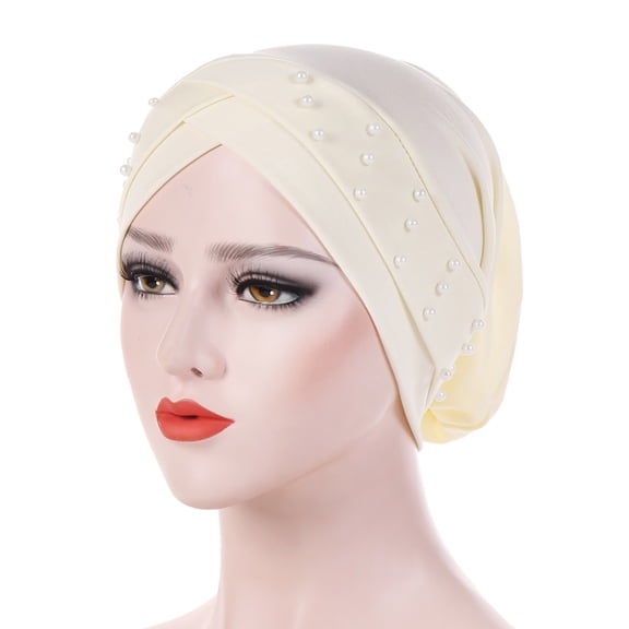 Women Turban Cap Beaded Headscarf Beanie Wrap Hat Faux Pearl Headwrap