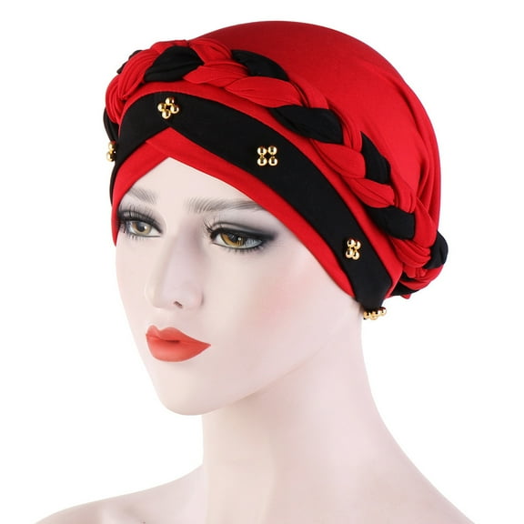Women Turban Cap, Fashion Soft Milk Silk Beads Decor Twisted Braid Design Headscarf Head Cover Headwear