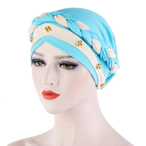 Women Turban Cap, Fashion Soft Milk Silk Beads Decor Twisted Braid Design Headscarf Head Cover Headwear