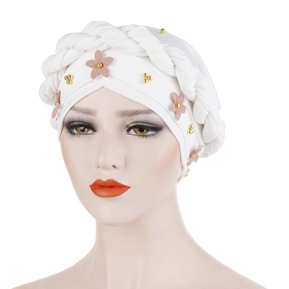 Women Turban, Faux Pearls Flowers Braid Headscarf Hat for Hair Decoration Performance and Church 1Pc