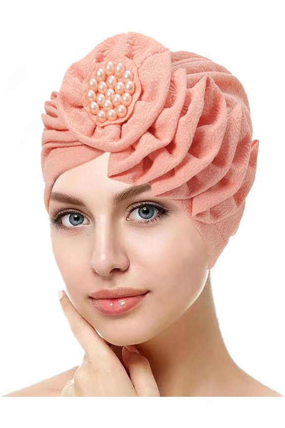 Women Turban Flower Beads Cap - Elastic Beaded Solid Color Headwrap Chemo Beanies Cancer Headwear Hat for Hair Loss Cover