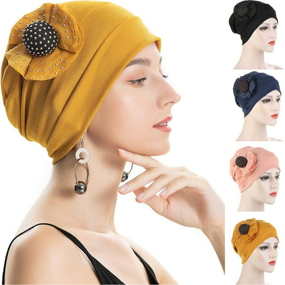 Women Turban Flower Caps Vintage Beanie Headscarf Elastic Headwrap Hat