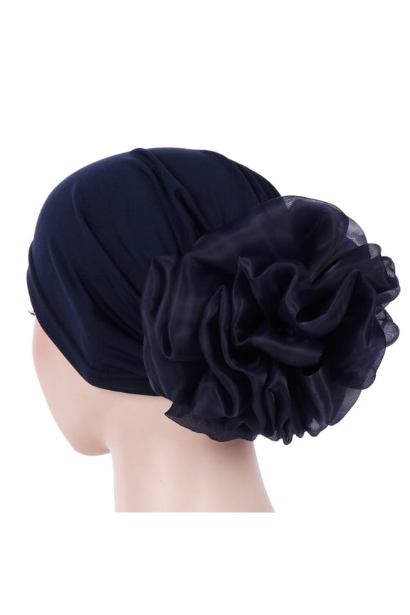 Women Turban Hats Solid Lace Big Flower Hair Head Wrap Cap Elastic Slouchy Hat