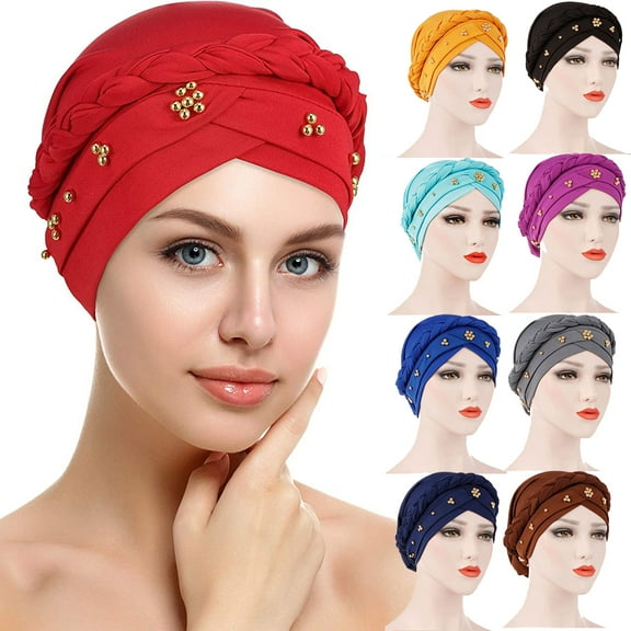 Women Turban Twisted Beaded Braid Chemical Cancer Headscarf Cap Hair Covered Wrap Hat