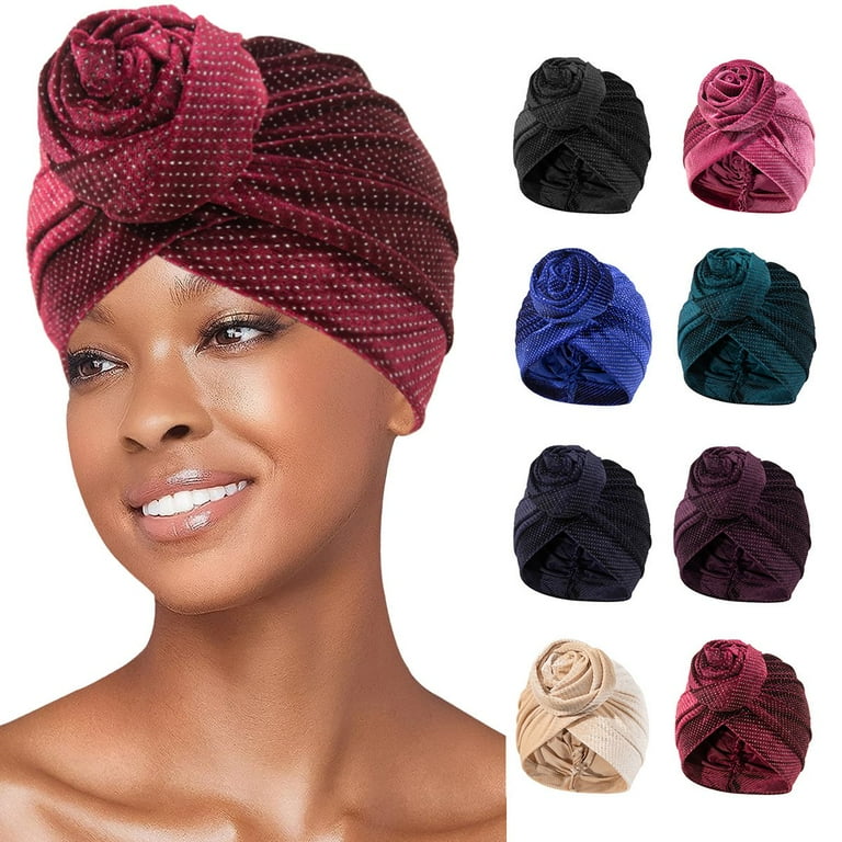 Women Turban Velvet Headwrap Printed Pre-Tied Flower Knot Bonnet