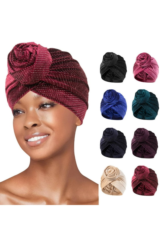 Women Turban Velvet Headwrap Printed Pre-Tied Flower Knot Bonnet Hat Chemo Wrap Cover