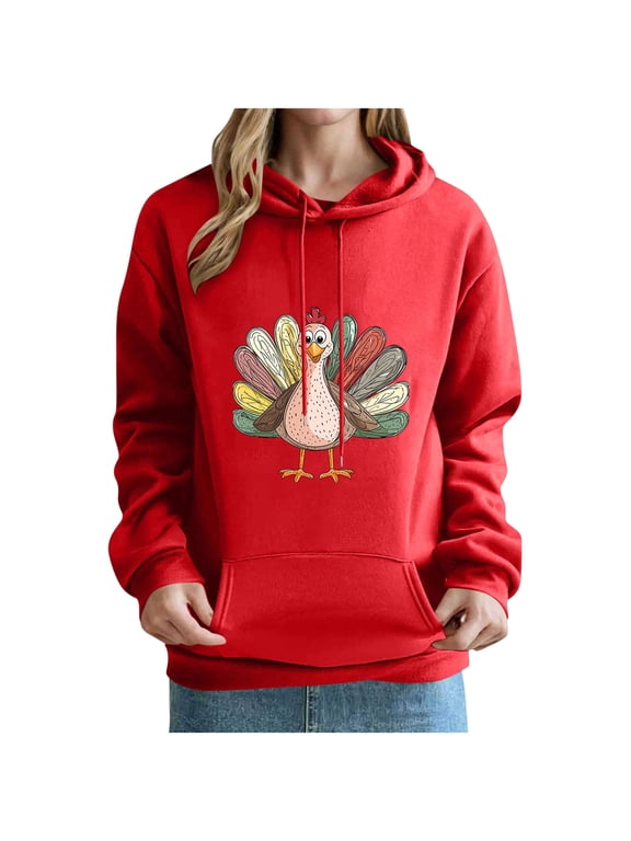 Women Turkey Graphic Hooded Sweatshirt, Drawstring Long‑Sleeve Pullover Hoodie with Front Kangaroo Pocket, Casual Tops for Fall Gatherings Red XXL