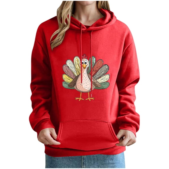Women Turkey Graphic Hooded Sweatshirt, Drawstring Long‑Sleeve Pullover Hoodie with Front Kangaroo Pocket, Casual Tops for Fall Gatherings Red XXL