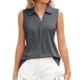 thumbnail image 1 of Women Turn Down Collar Tank Top V Neck Plain Color Middle Pleated Sleeveless Blouse Grey L, 1 of 6