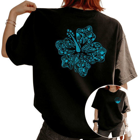 Women Turquoise Blue Hibiscus Flower Ocean Beach Graphic Tees T-Shirt Tops Round Neck Cotton T-Shirt Black S-5XL