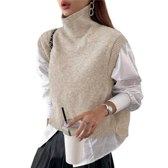 Women Turtle-Neck Crop Sweater Vest Sleeveless High Neck Solid Loose Fit Knitted Causal Jumper Top Oat Color S