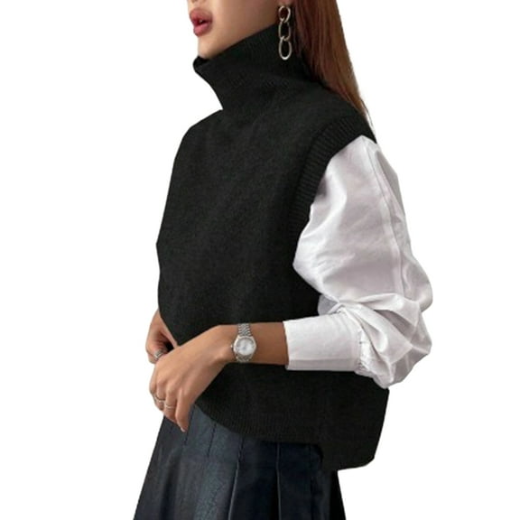 Women Turtle-Neck Crop Sweater Vest Sleeveless High Neck Solid Loose Fit Knitted Causal Jumper Top Streetwear Black M