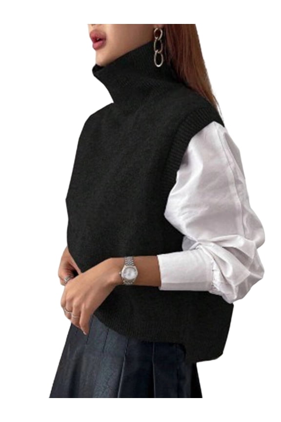 Women Turtle-Neck Crop Sweater Vest Sleeveless High Neck Solid Loose Fit Knitted Causal Jumper Top Streetwear Black M