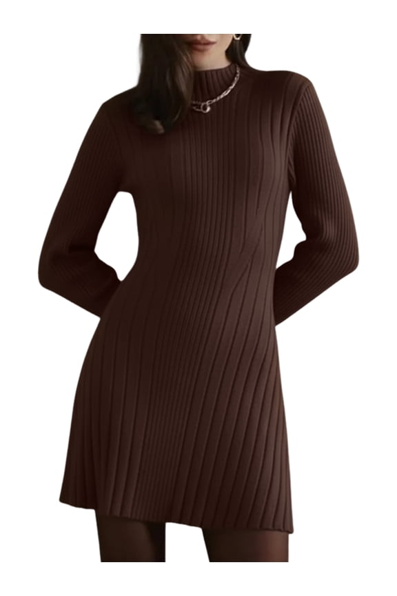 Women Turtle Neck Long Sleeve Bodycon Fall Winter Mini Slim Knit Sweater Dress Brown M