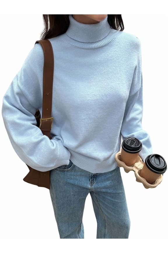 Women Turtle-Neck Sweater Chunky Long Sleeve Knitted Pullover High Low Hem Trendy Fall Winter Top Light Blue L