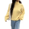 thumbnail image 1 of Women Turtle-Neck Sweater Chunky Long Sleeve Knitted Pullover High Low Hem Trendy Fall Winter Top Light Yellow L, 1 of 9