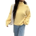 thumbnail image 1 of Women Turtle-Neck Sweater Chunky Long Sleeve Knitted Pullover High Low Hem Trendy Fall Winter Top Light Yellow S, 1 of 9