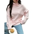 thumbnail image 1 of Women Turtle-Neck Sweater Chunky Long Sleeve Knitted Pullover High Low Hem Trendy Fall Winter Top Pink M, 1 of 9