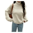 thumbnail image 1 of Women Turtle-Neck Sweater Chunky Long Sleeve Knitted Pullover High Low Hem Trendy Fall Winter Top White XL, 1 of 8