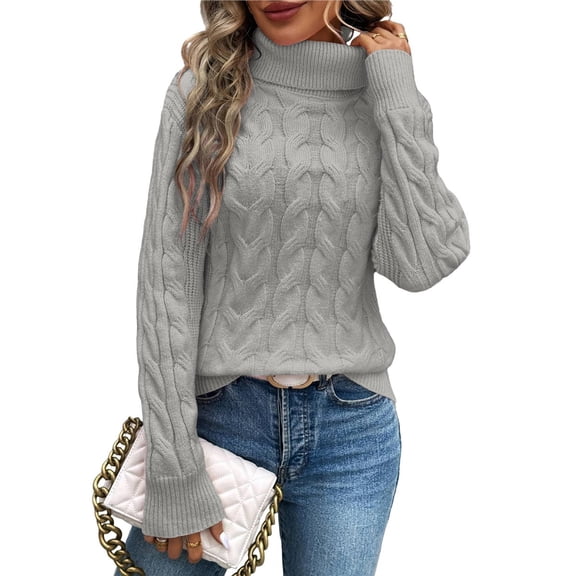 Women Turtle-Neck Sweaters Cable Knit Long Sleeve Pullover Jumper Tops Fall Winter Casual Solid Sweater Gray XL