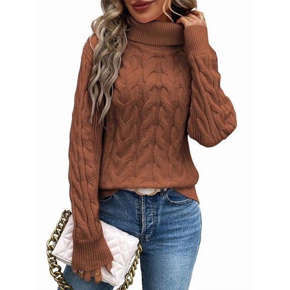 Women Turtle-Neck Sweaters Cable Knit Long Sleeve Pullover Jumper Tops Fall Winter Casual Solid Sweater Light Brown M