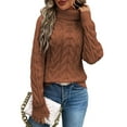 thumbnail image 1 of Women Turtle-Neck Sweaters Cable Knit Long Sleeve Pullover Jumper Tops Fall Winter Casual Solid Sweater Light Brown M, 1 of 5