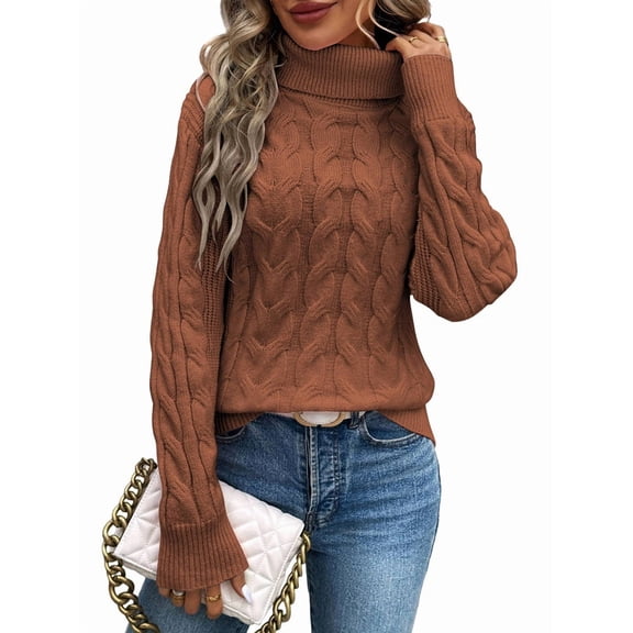 Women Turtle-Neck Sweaters Cable Knit Long Sleeve Pullover Jumper Tops Fall Winter Casual Solid Sweater Light Brown XXL