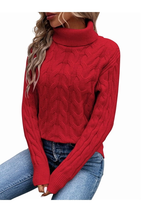 Women Turtle-Neck Sweaters Cable Knit Long Sleeve Pullover Jumper Tops Fall Winter Casual Solid Sweater Red L