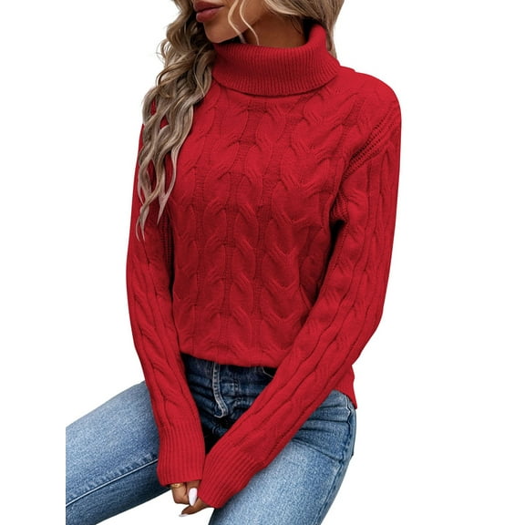 Women Turtle-Neck Sweaters Cable Knit Long Sleeve Pullover Jumper Tops Fall Winter Casual Solid Sweater Red S