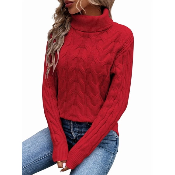 Women Turtle-Neck Sweaters Cable Knit Long Sleeve Pullover Jumper Tops Fall Winter Casual Solid Sweater Red XL