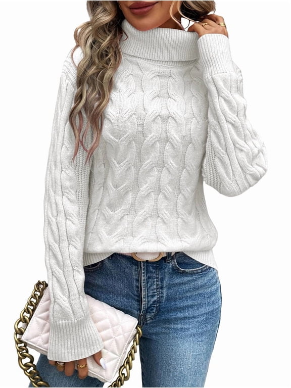 Women Turtle-Neck Sweaters Cable Knit Long Sleeve Pullover Jumper Tops Fall Winter Casual Solid Sweater White M