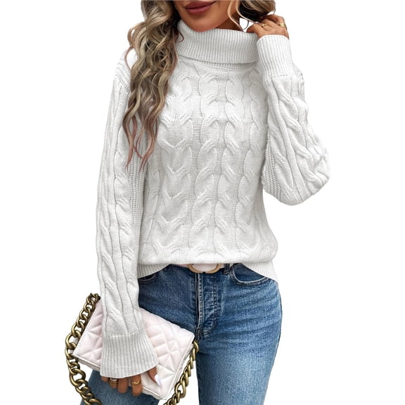 Women Turtle-Neck Sweaters Cable Knit Long Sleeve Pullover Jumper Tops Fall Winter Casual Solid Sweater White XL