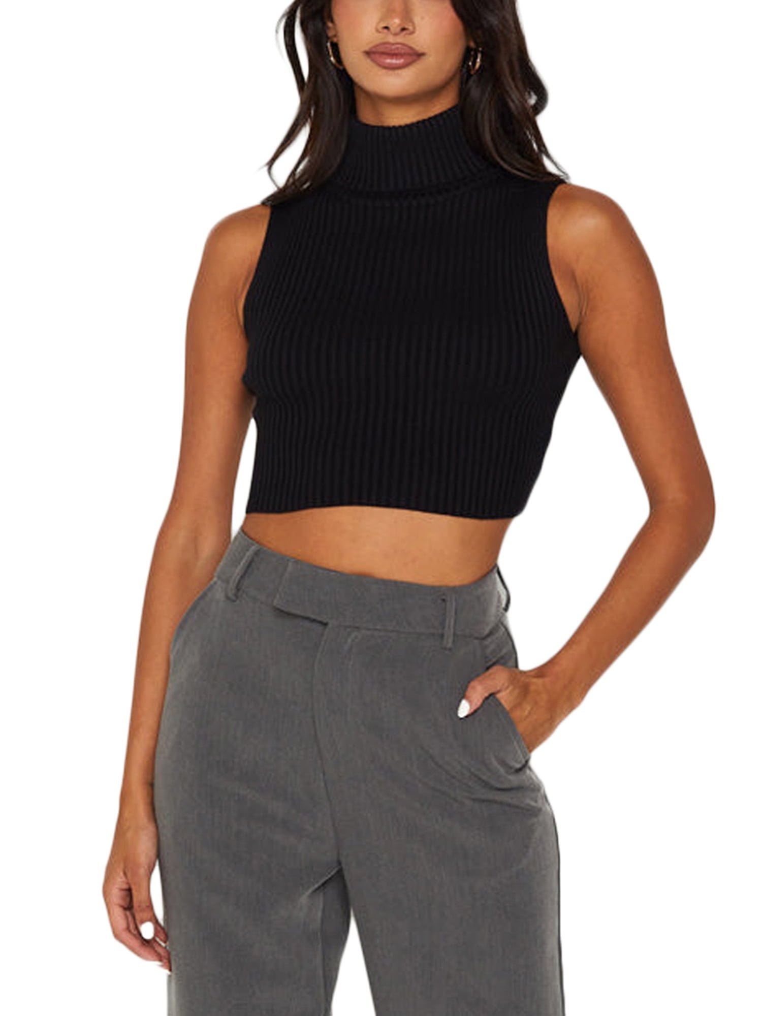 Women Turtleneck Crop Tank Tops Sleeveless High Mock Neck Ribbed Fitted  Knit Cropped Cami Top Racerback Vest