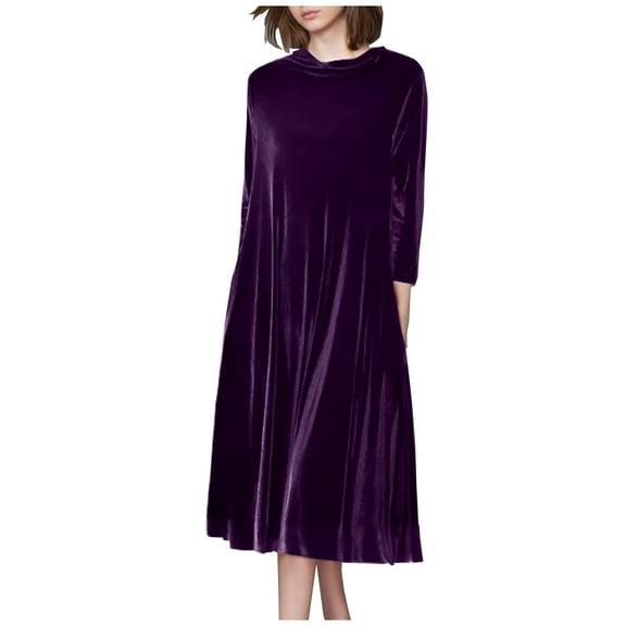 Women Turtleneck Long Maxi Velour Dress Elegant Solid Color Long Sleeve Round Neck Party Dresses 2025