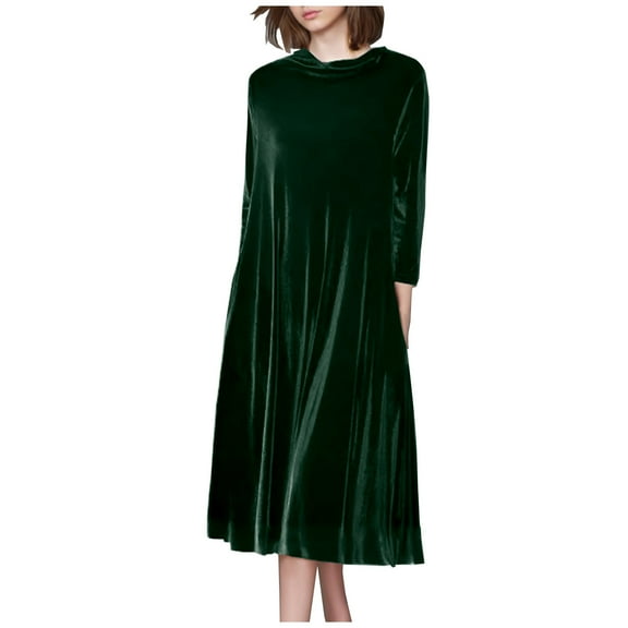 Women Turtleneck Long Maxi Velour Dress Elegant Solid Color Long Sleeve Round Neck Party Dresses 2025