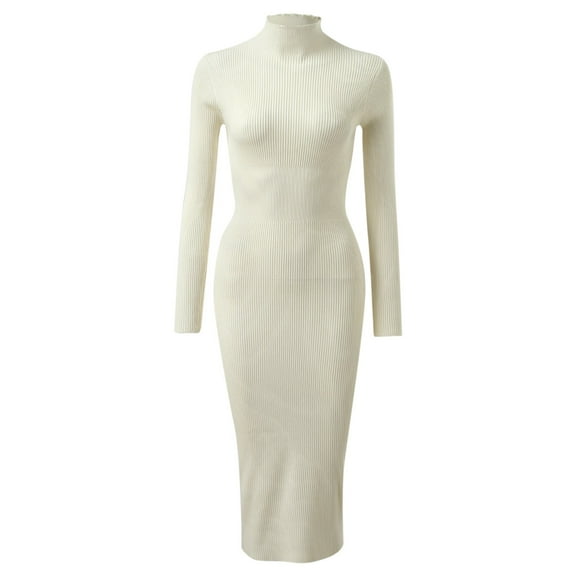 Women Turtleneck Long Sleeve Knit Elasticity Slim Sweater Dress Wrap V Neck Short in Front Long in Back Dress for Girls Sweaters for Women Long Sleeve Sweaters Dresses for Women Hallow Out Sweater