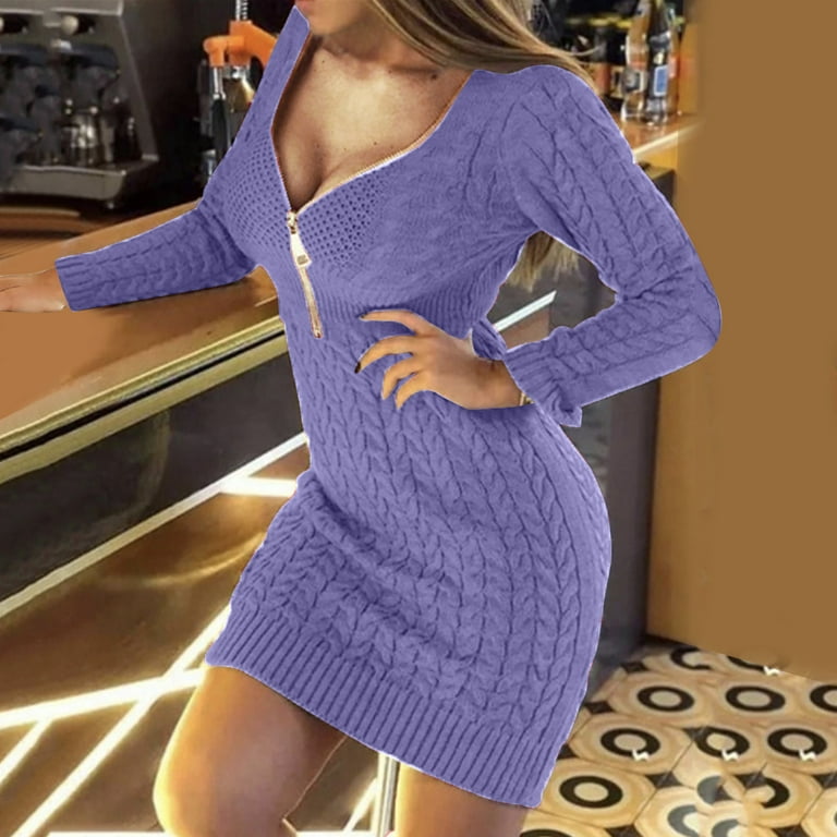 Women Turtleneck Long Sleeve Knit Pullover Sweater Bodycon Mini Dress Fall Dresses for Women 2023 Purple S