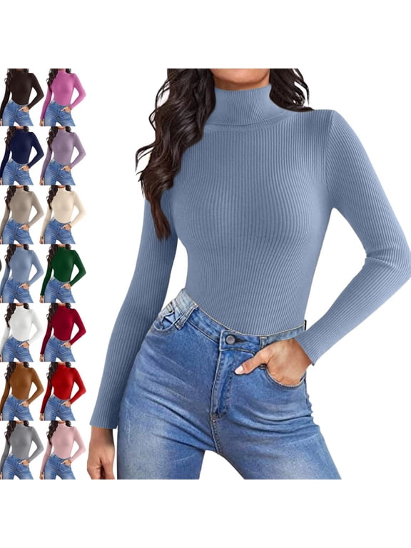 Women Turtleneck Shirt Long Sleeve Layer Tops Basic Ribbed Tees Soft Stretch Thermal Undershirts Lightweight Blouse,Blue XL