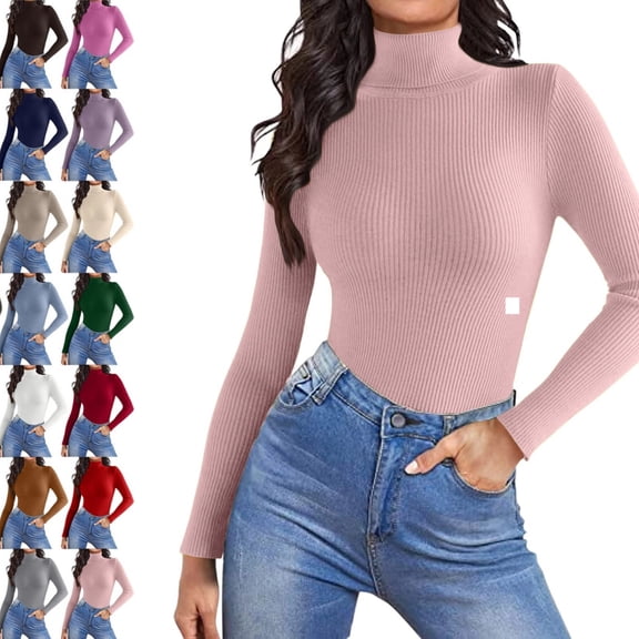 Women Turtleneck Shirt Long Sleeve Layer Tops Basic Ribbed Tees Soft Stretch Thermal Undershirts Lightweight Blouse，Pink M