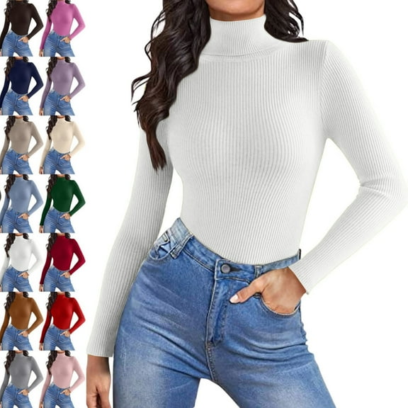 Women Turtleneck Shirt Long Sleeve Layer Tops Basic Ribbed Tees Soft Stretch Thermal Undershirts Lightweight Blouse，White M
