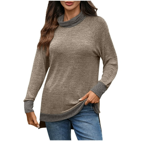Women Turtleneck Shirts Plus Size Fashion Contrast Long Sleeve Loose Comfy T-Shirt Base Shirt Pullover Sweatshirt Coffee L
