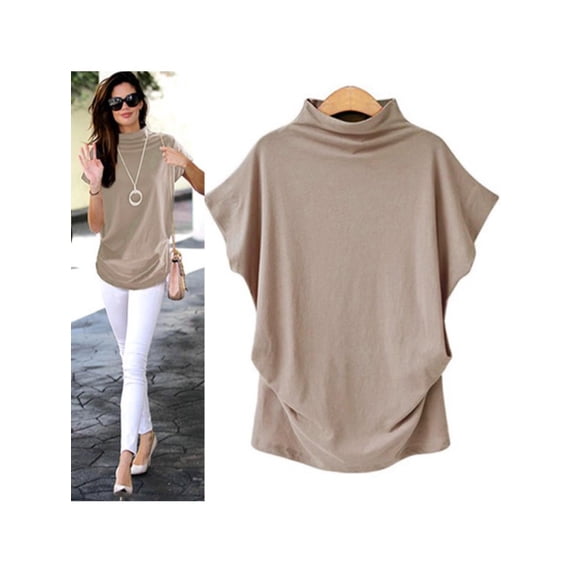 Women Turtleneck Short Sleeve Cotton Solid Casual Blouse Top T Shirt Plus Solid Color Mock Neck Batwing Sleeve Tee Shirts Summer Loose Fit Casual Oversized T Shirts Blouses