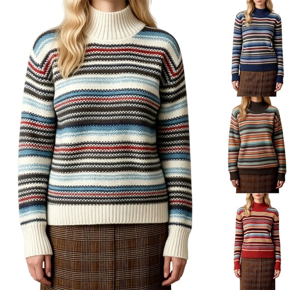 Women Turtleneck Sweater Long Sleeve Striped Knit Pullover Relaxed Ribbed Cuff Hem Casual Warm Tops for Fall Winter Daily Office Wear Beige One Size