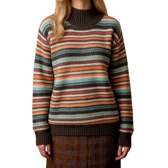 Women Turtleneck Sweater Long Sleeve Striped Knit Pullover Relaxed Ribbed Cuff Hem Casual Warm Tops for Fall Winter Daily Office Wear Coffee One Size