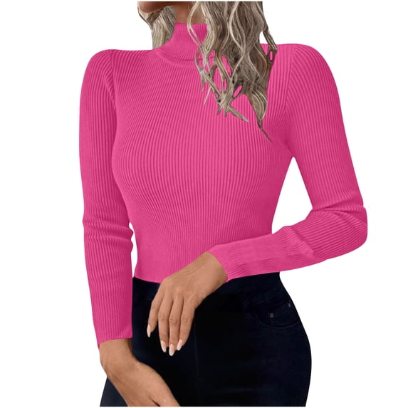 Women Turtleneck Sweater Tops Mock Neck Ribbed Knit Basic Casual Long Sleeve Shirts Fall Winter Clothing 2026 Trendy (S, Hot Pink)